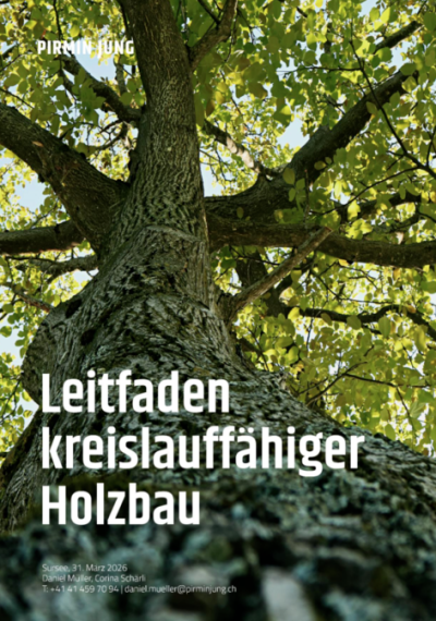 Leitfaden kreislauffähiger Holzbau Coverbild eines Leitfadens mit dem Titel "Leitfaden kreislauffähiger Holzbau"